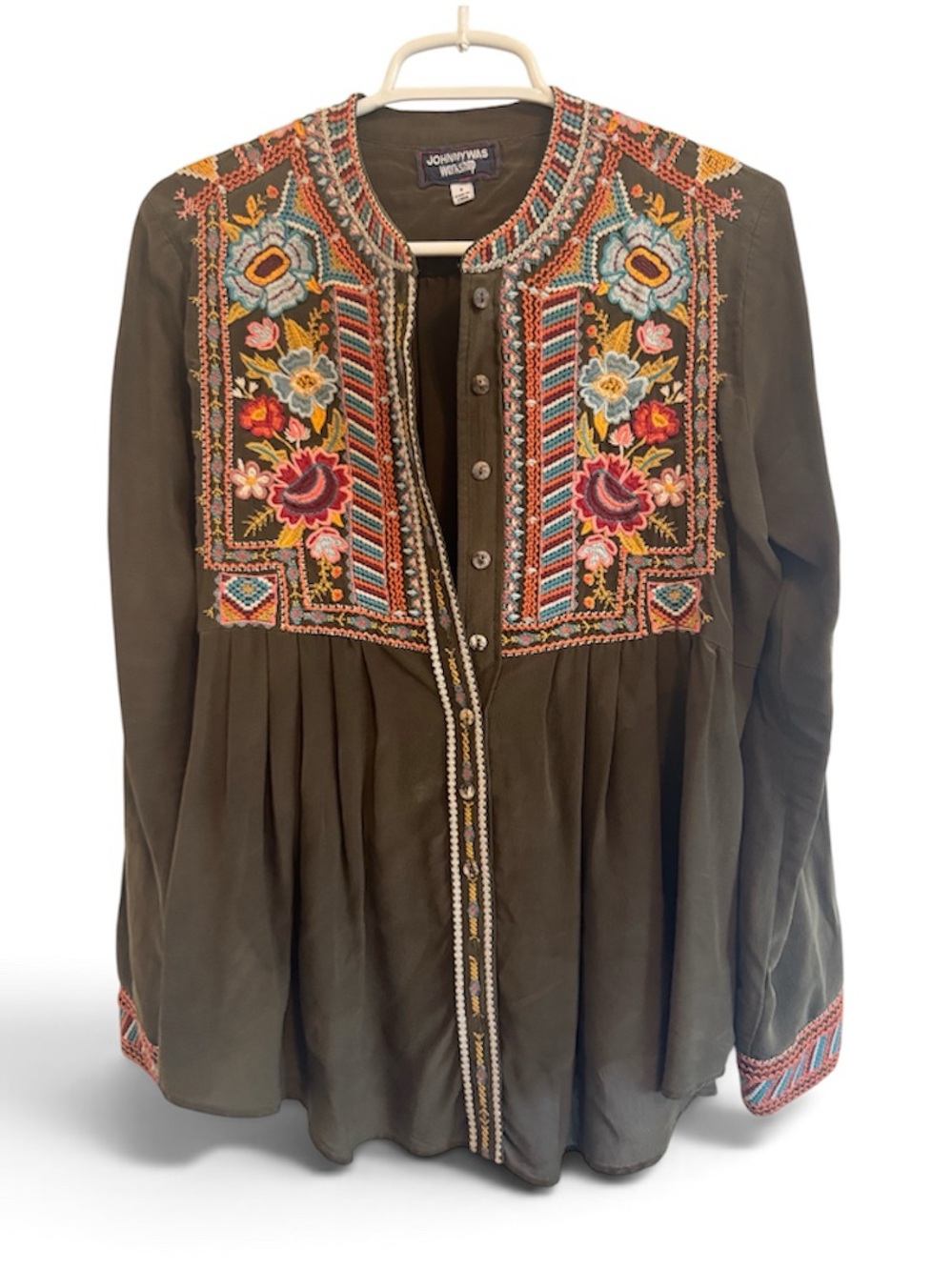 Johnny Was Embroidered Silk Boho Peasant Blouse Tunic Button Down size Small
